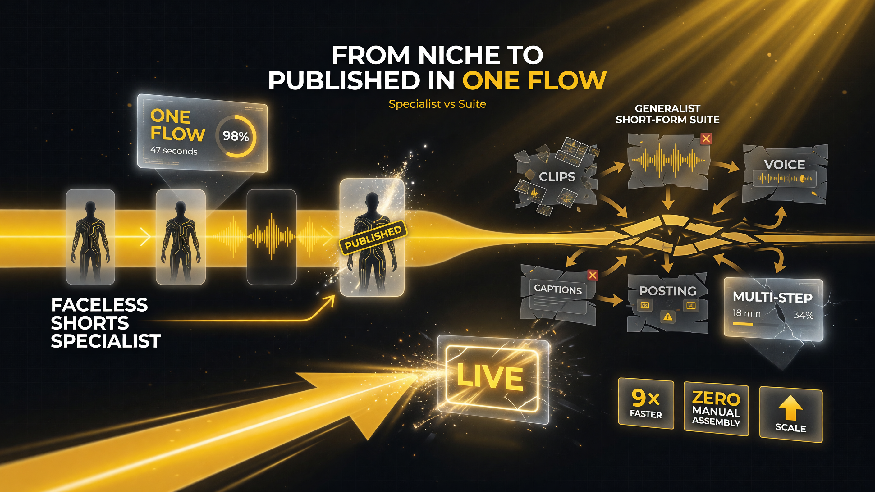 ShortsFaceless faceless-shorts specialist delivering from niche to published in one flow versus a generalist short-form suite needing multi-step manual assembly