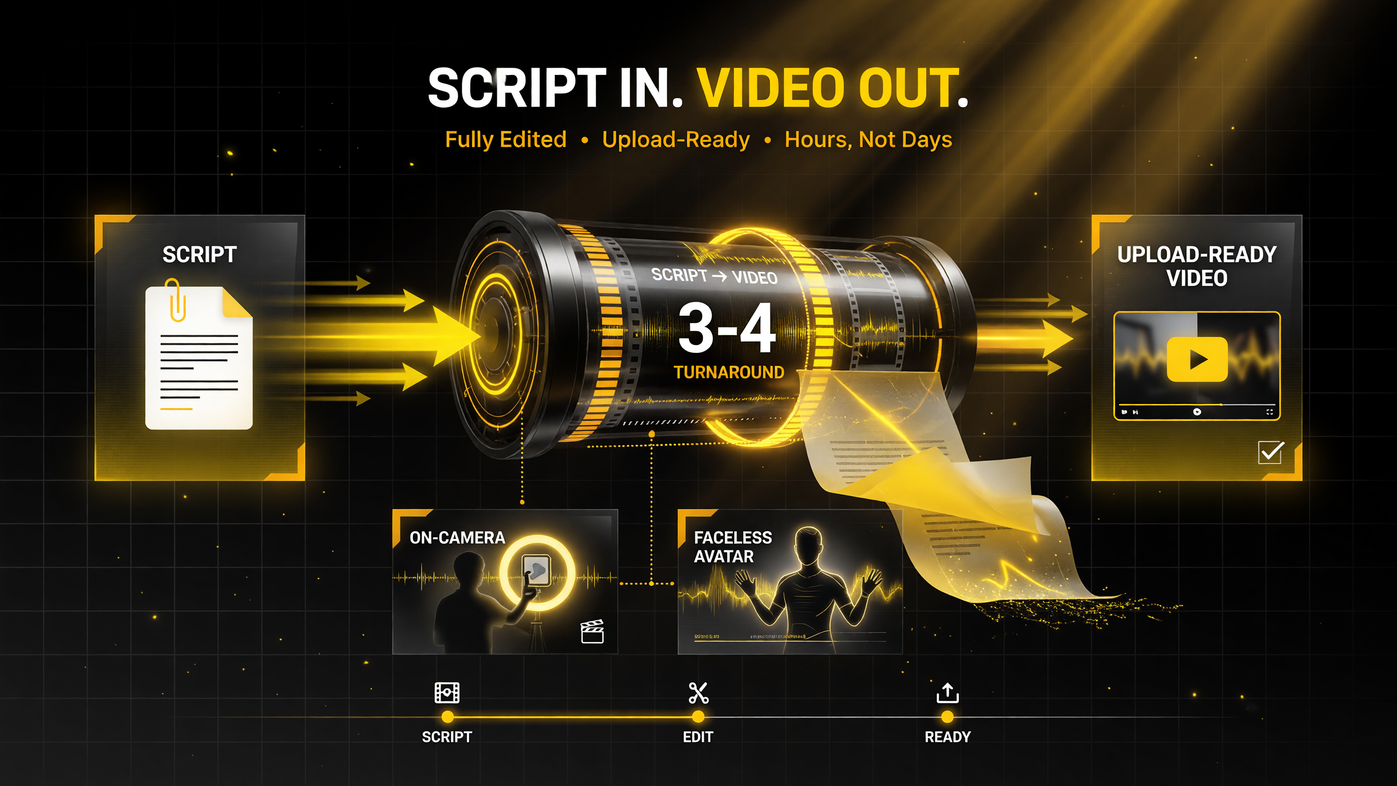 Subscribr Video turns a finished script into a fully edited, upload-ready video within a few hours — script in, avatar or faceless format, editing style, uploadable video out, filming optional