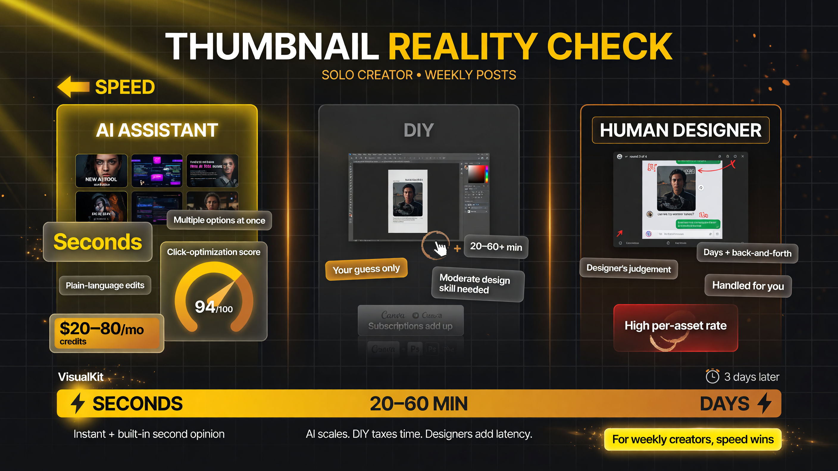 VisualKit AI thumbnails versus DIY design versus human designer comparison for solo creators
