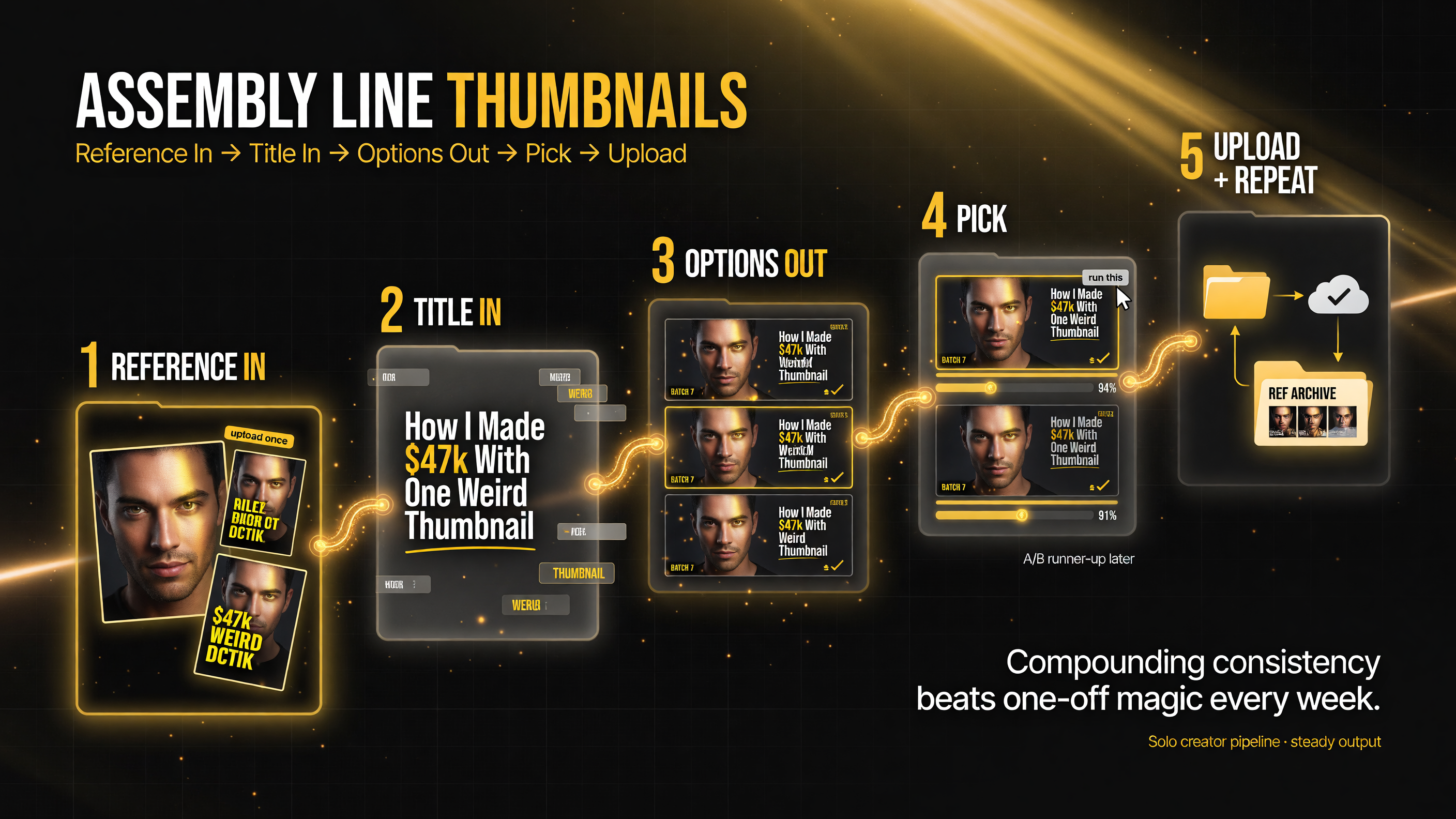VisualKit AI assembly line thumbnail workflow five stages compounding consistency