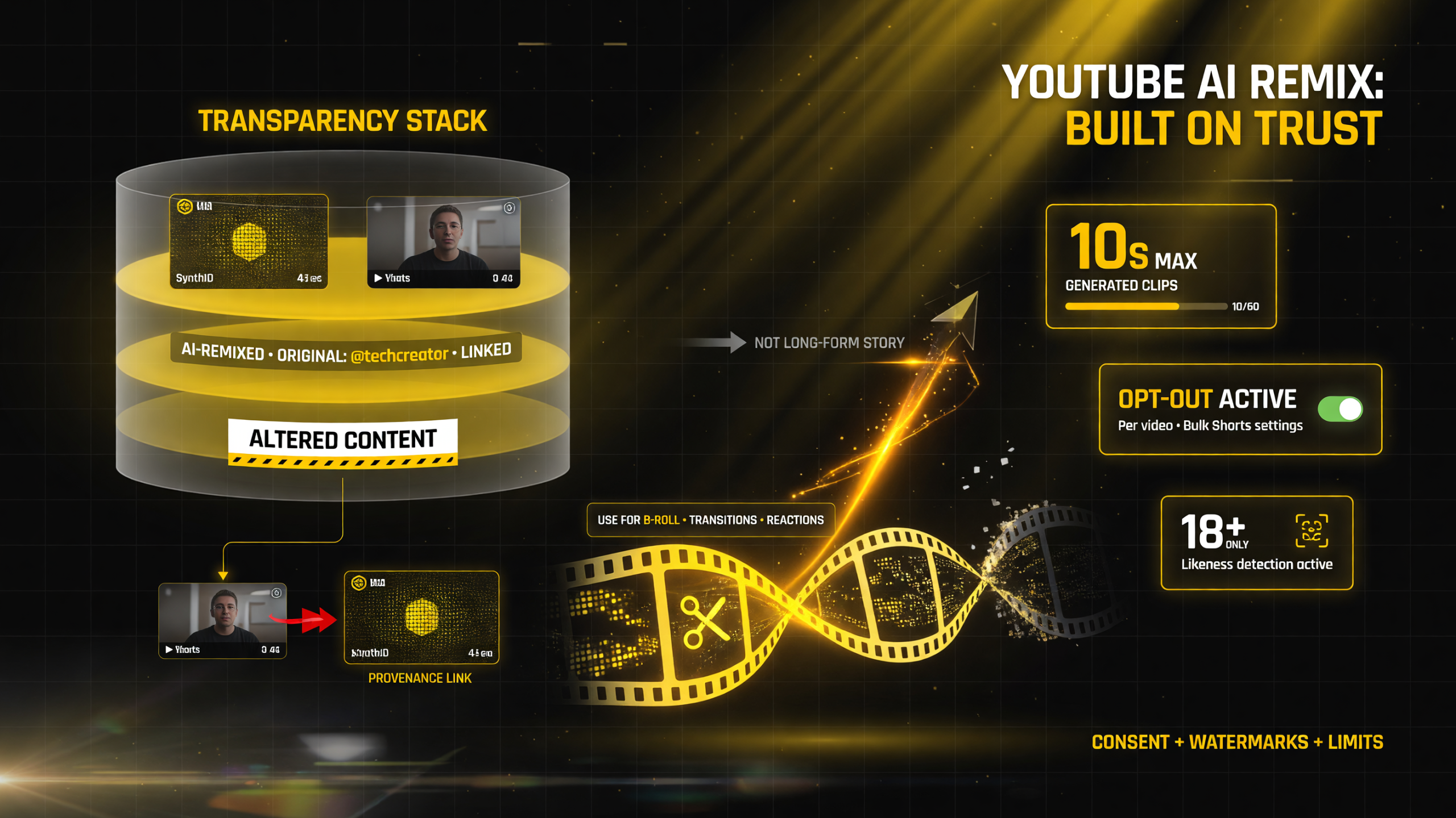 YouTube AI remix transparency stack with SynthID watermark creator opt-out and likeness detection plus ten second clip limit