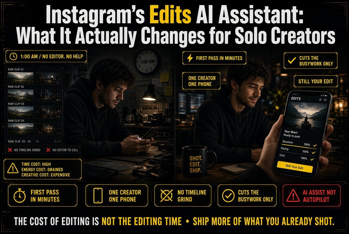 A solo creator's editing workflow before and after the Instagram Edits AI assistant: a stack of raw clips and a long timeline on the left, a finished first pass ready to post on the right