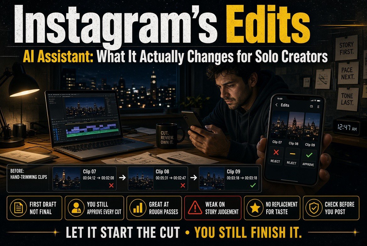 A solo creator comparing a manual late-night timeline edit against the Instagram Edits AI assistant's suggested first cut, rejecting two clips and approving one