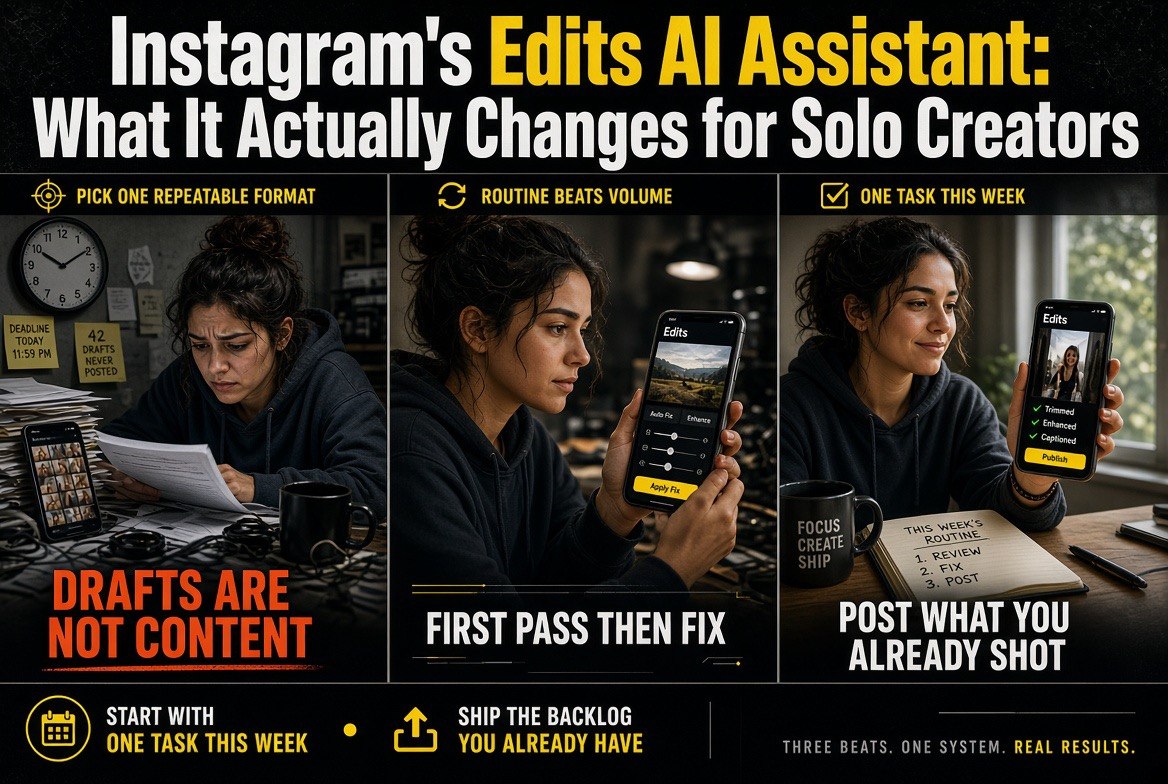 A solo creator moving from a backlog of unposted drafts to a repeatable weekly publishing routine using the Instagram Edits AI assistant