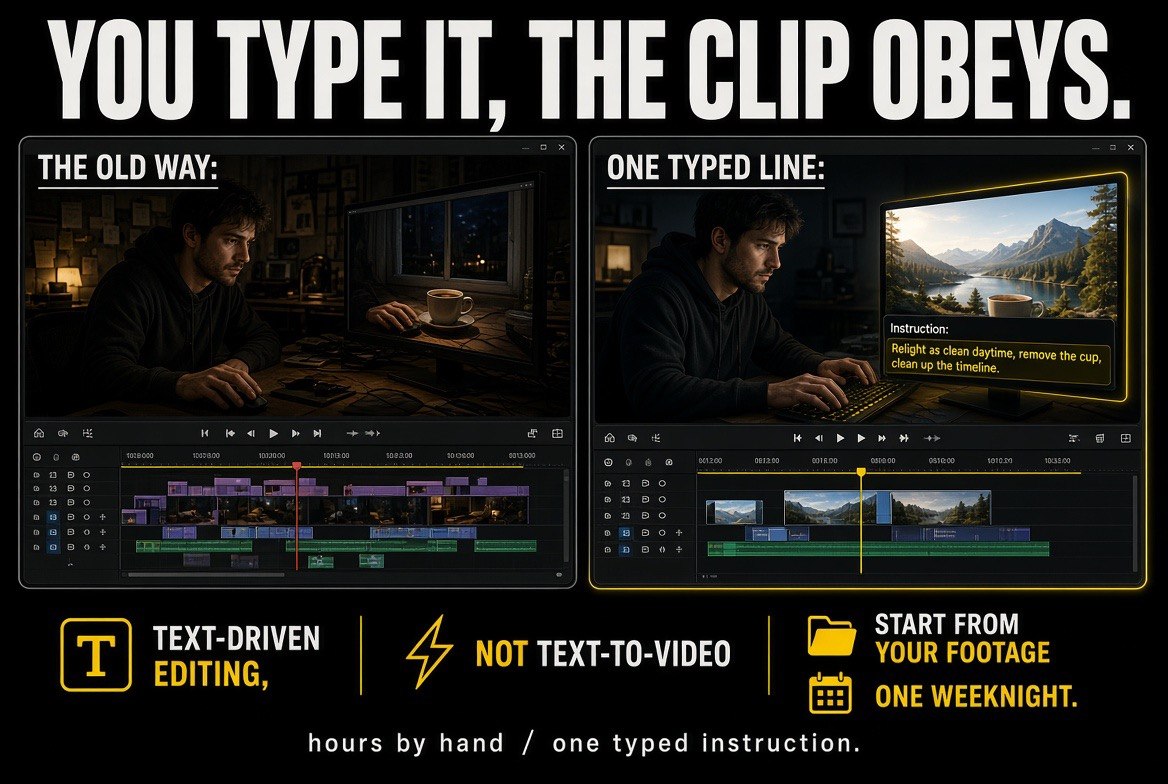 A solo creator removing an unwanted object from a shot by typing one instruction, versus hours of manual timeline work