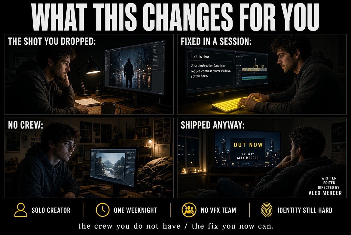 What AI editing changes for a solo creator: a dropped shot fixed in one session, no crew, and a release shipped anyway