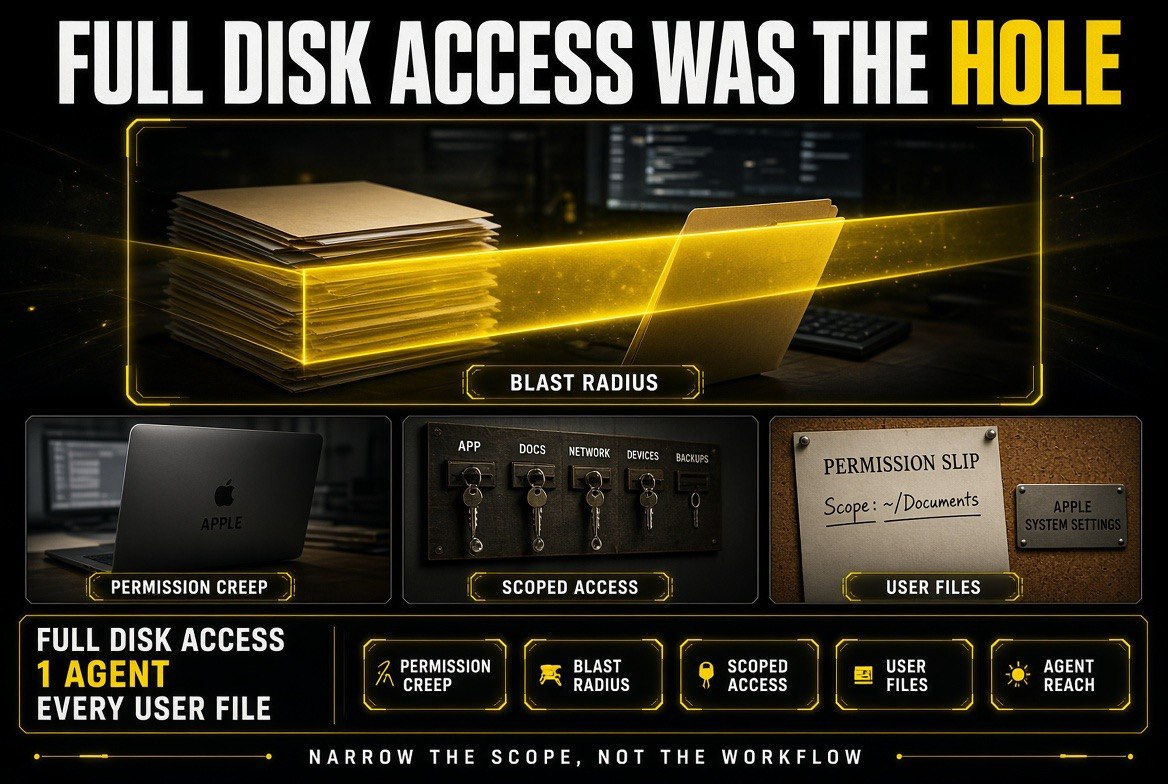 Permission boundary plane infographic showing a folder stack stopped at the Full Disk Access line, with satellite windows for the blast radius