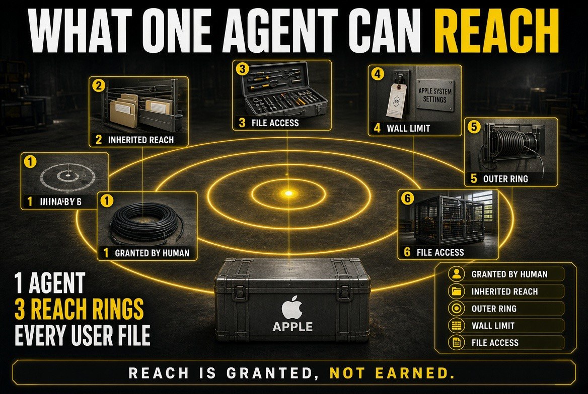 Concentric reach rings infographic on a workshop floor showing one agent inheriting the full file reach of the human who granted access