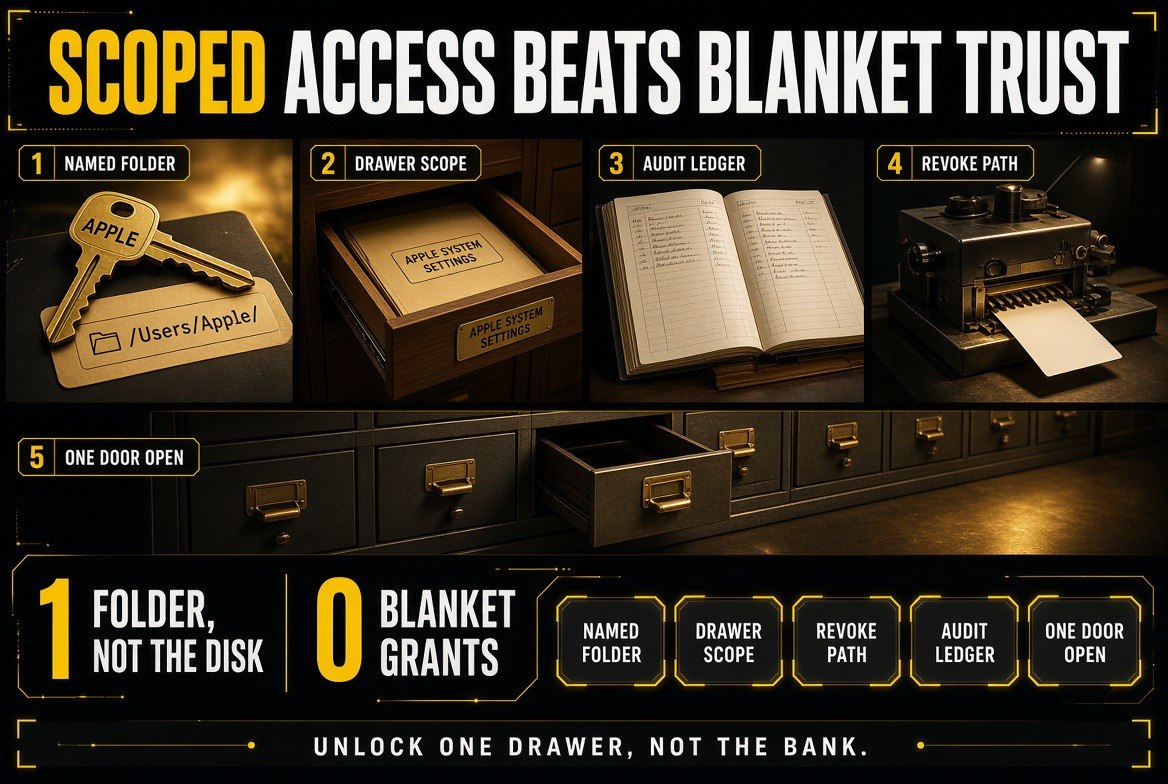 Keyed drawer bank infographic showing scoped access unlocking a single named folder instead of granting blanket disk-wide trust