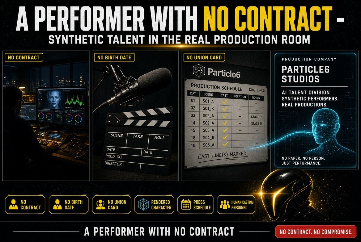 Infographic showing a synthetic performer with no contract in a real production room