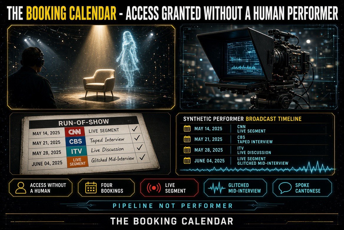 Infographic showing a synthetic performer booked on broadcast platforms without a human performer