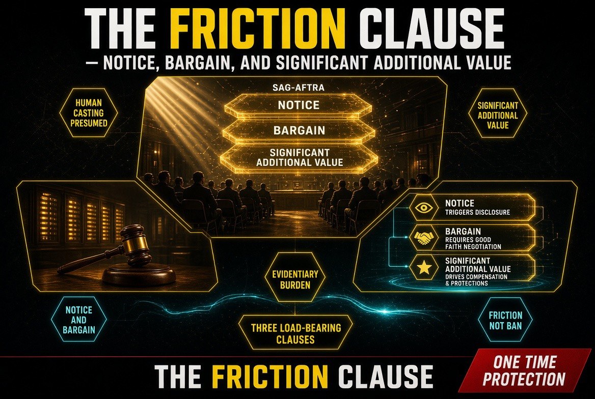 Infographic showing the SAG-AFTRA contract framework of notice bargaining and additional value
