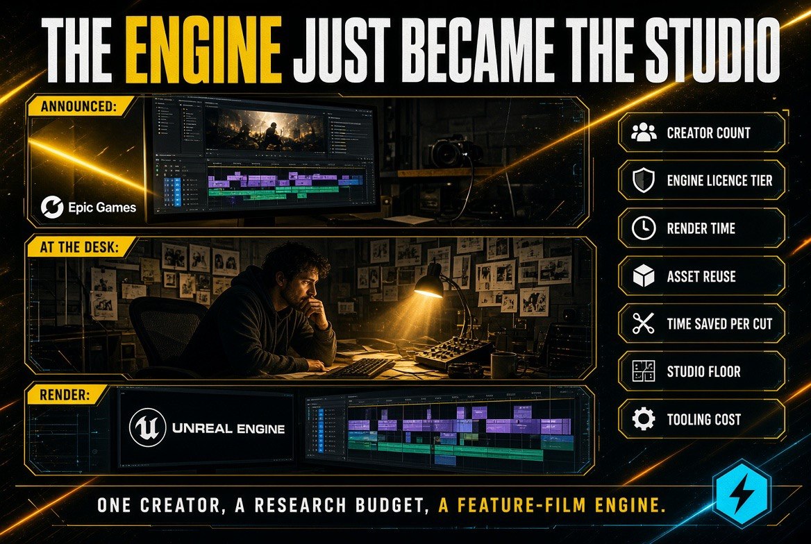 Dark cinematic still of a solo video creator's edit bay at night with a timeline on a large monitor, an Epic Games mark on the bezel, an Unreal Engine wordmark on a second screen, and floating metric cards for creator count, licence tier and render time