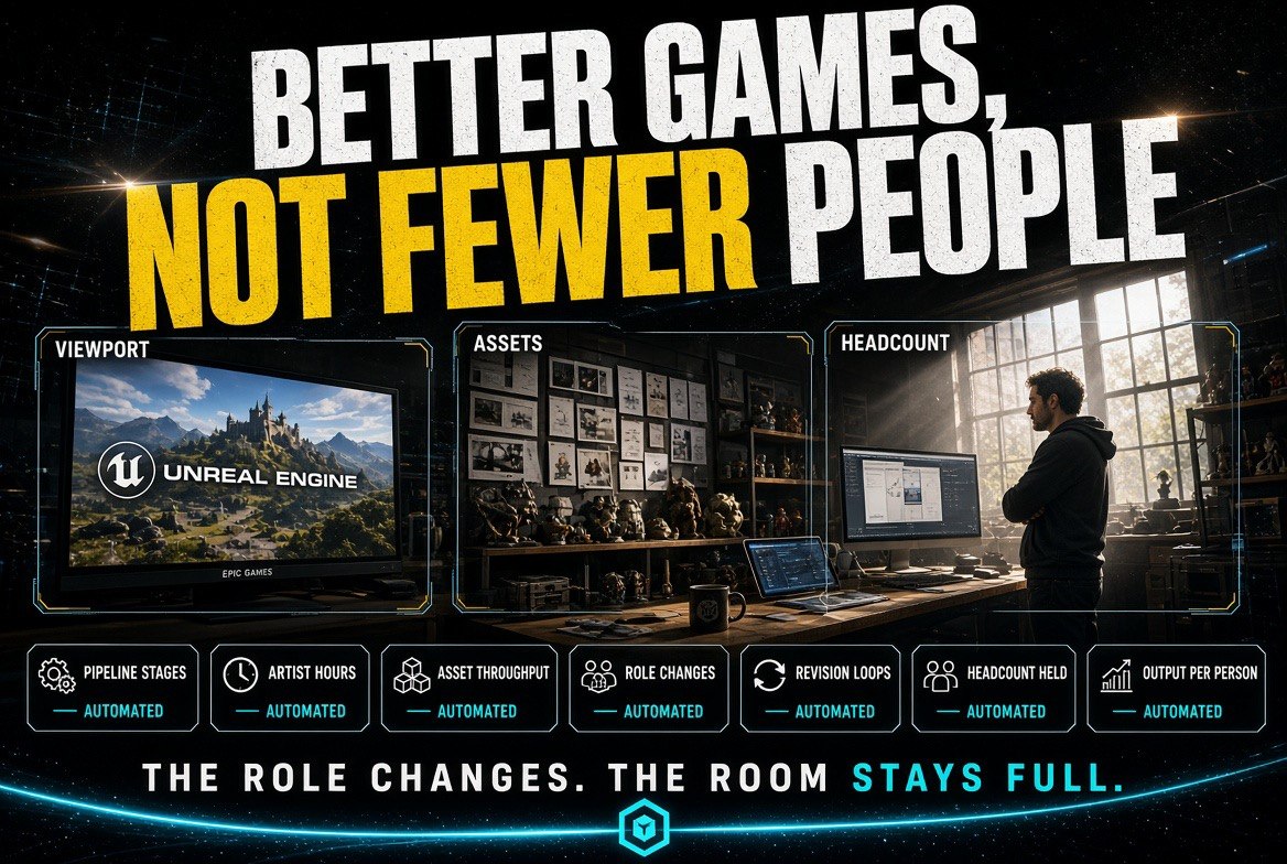 Cinematic studio still in daylight showing a solo creator reviewing an Unreal Engine viewport beside a wall of pinned storyboard cards and a shelf of prop models, with metric overlays for artist hours, asset throughput and headcount held