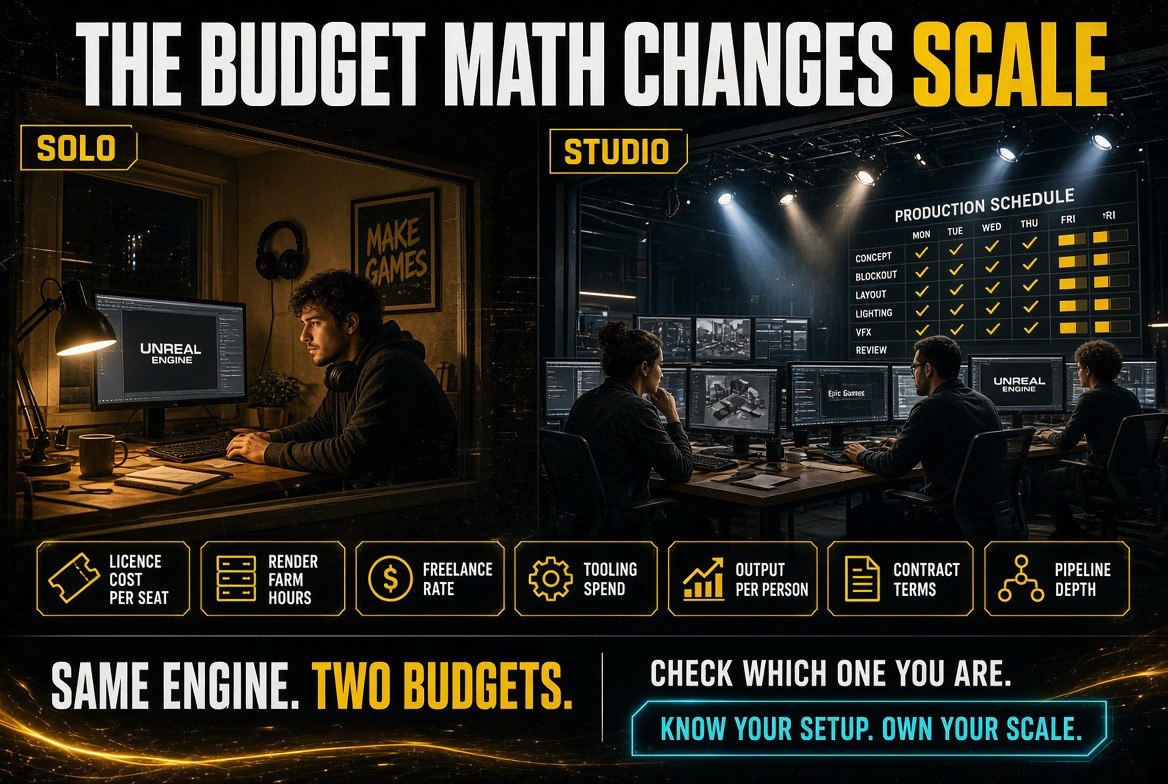Split-frame infographic contrasting a solo developer's home desk against a large studio floor with banks of monitors showing Unreal Engine viewports, overlaid with metric chips for licence cost per seat, render farm hours, freelance rate and output per person
