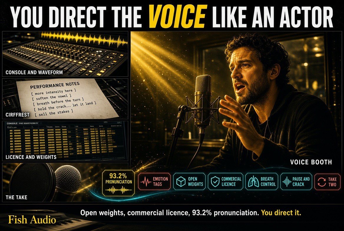 Voice actor mid-performance in a recording booth with mixing console, performance notes and Fish Audio weights