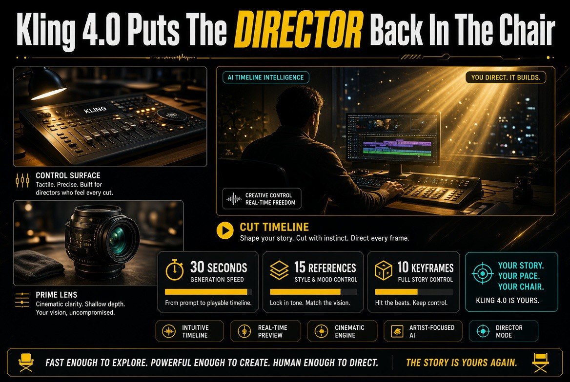 Kling 4.0: editor at the desk, control surface and prime lens