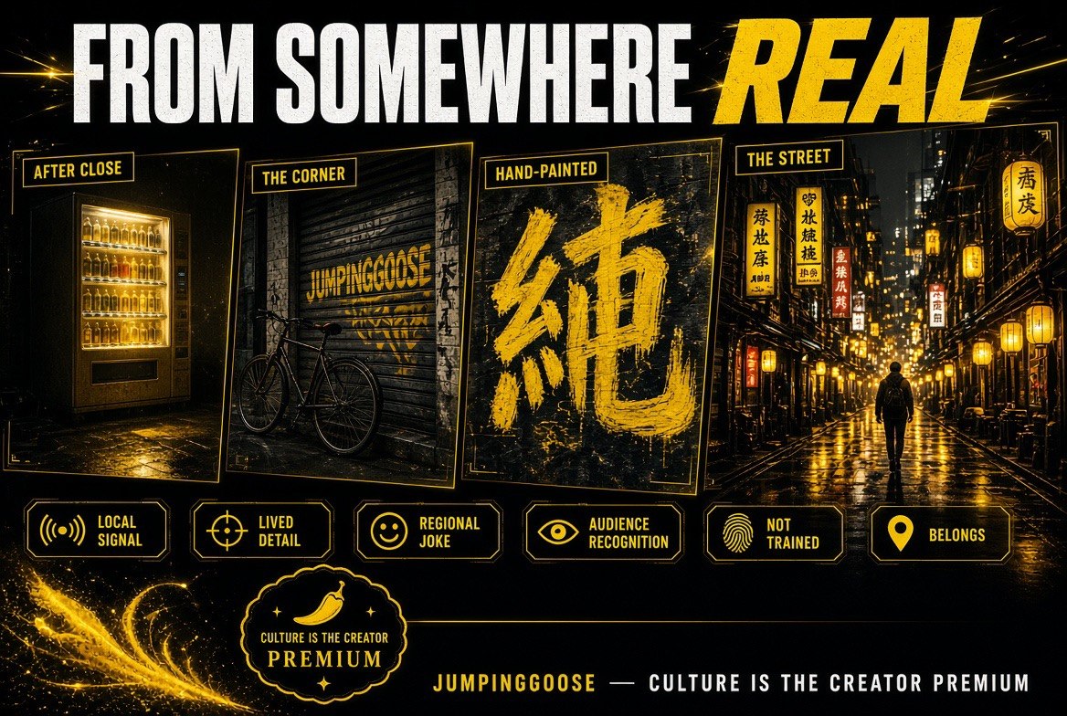 From Somewhere Real: JUMPINGGOOSE infographic with vending machine, bicycle, hand-painted shop signage and a lantern-lit street at dusk