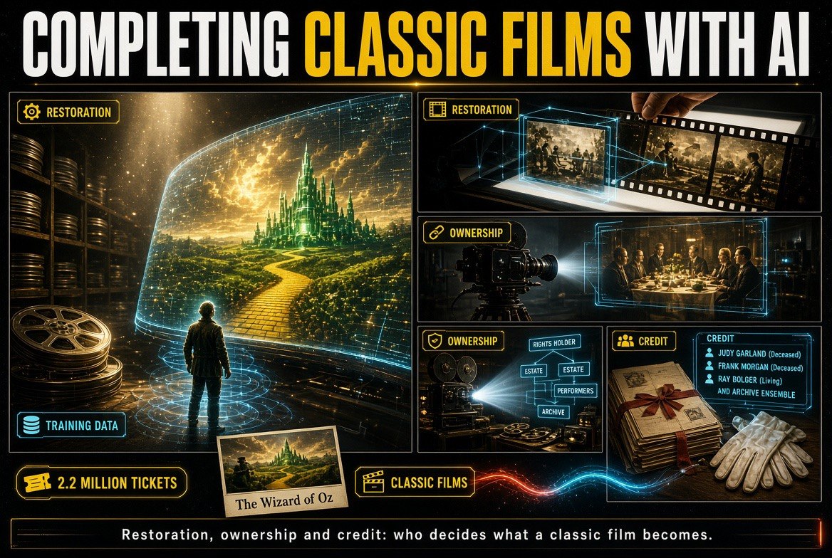 AI completing and restoring classic films, with archive reels, footage, a film camera and rights documents