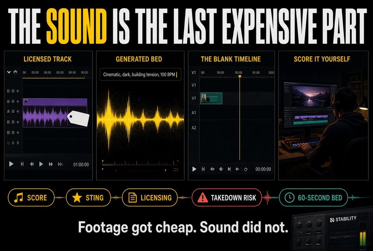 Generated music workflow: a licensed track versus a generated bed on a video editing timeline