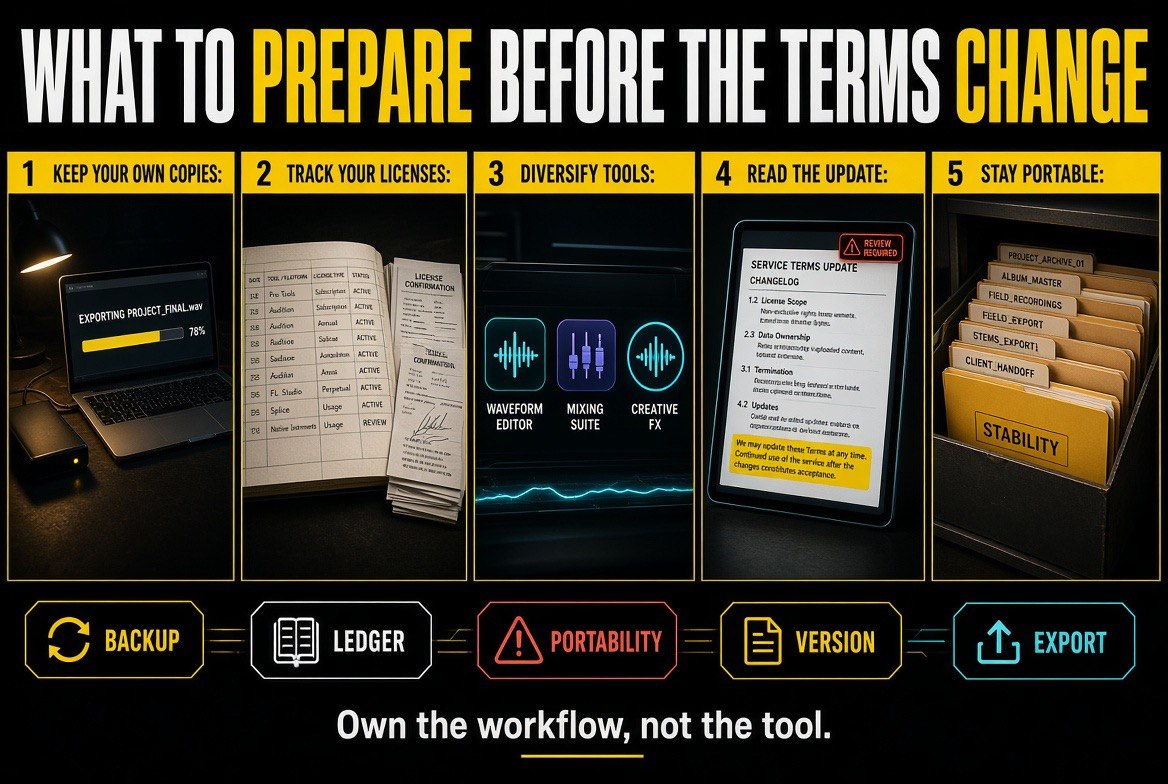 Preparation checklist before AI music terms change: own copies, license ledger, tool diversity, read the update, stay portable