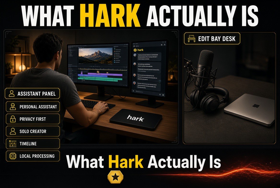 Solo video creator editing desk with Hark assistant panel
