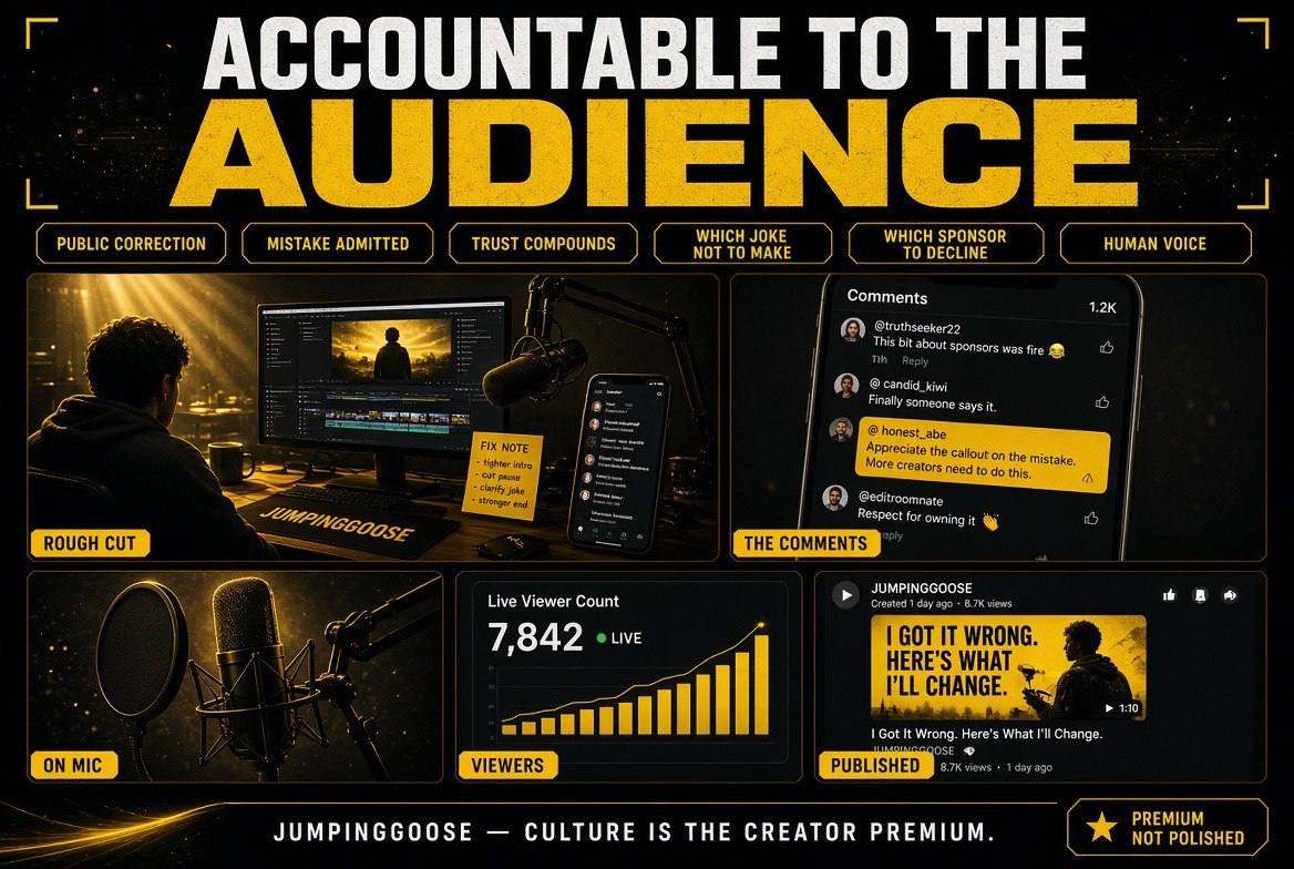Accountable to the Audience: JUMPINGGOOSE infographic with rough cut, fix note, comment thread, microphone and a published correction video