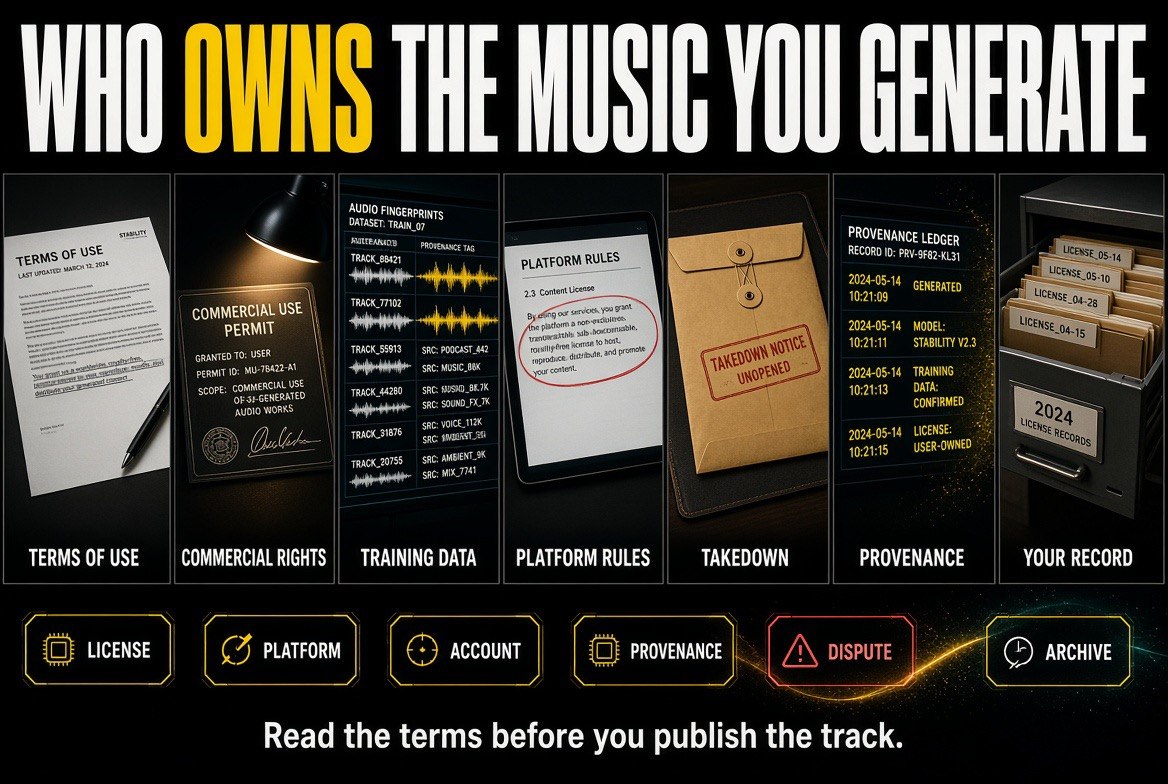 Music ownership checklist: terms of use, commercial rights, training data, platform rules, takedown, provenance and your own records