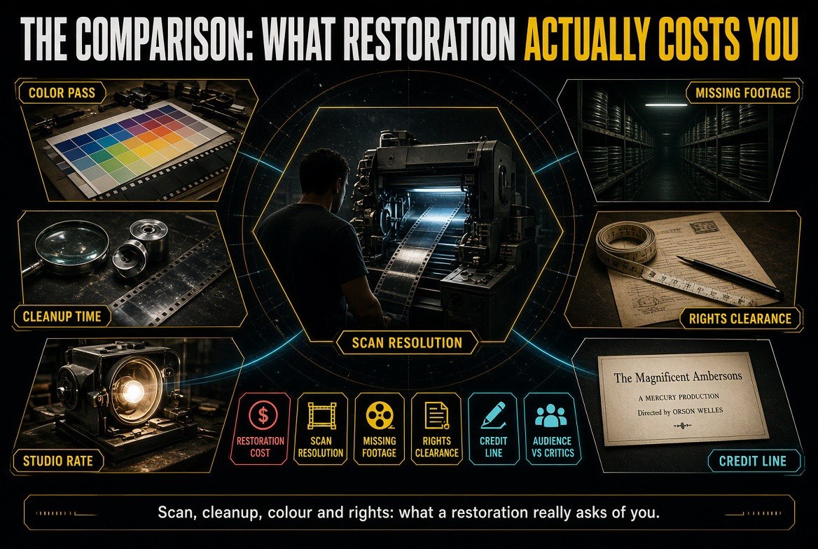 Film restoration cost factors: scan resolution, cleanup time, colour pass, missing footage, rights clearance and studio rate