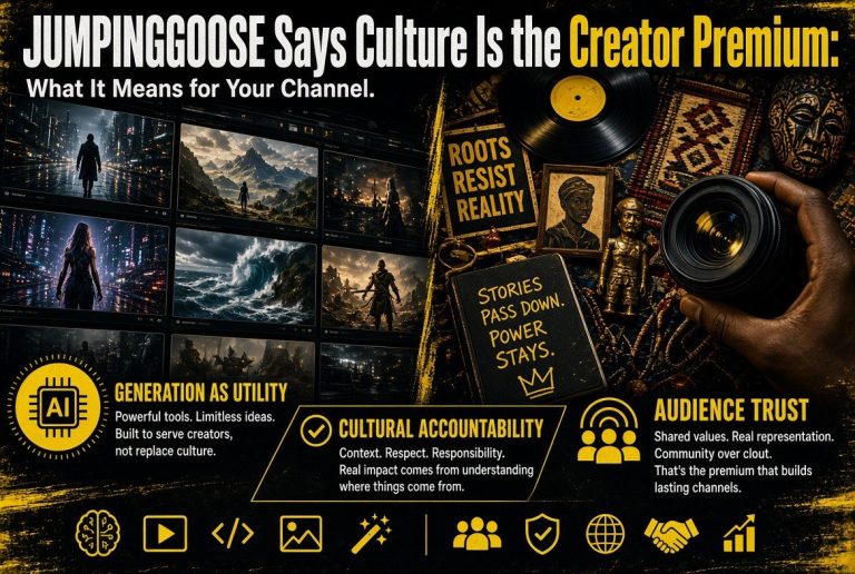 JUMPINGGOOSE Says Culture Is the Creator Premium: video thumbnails beside cultural artifacts, vinyl record, camera and handwritten notes