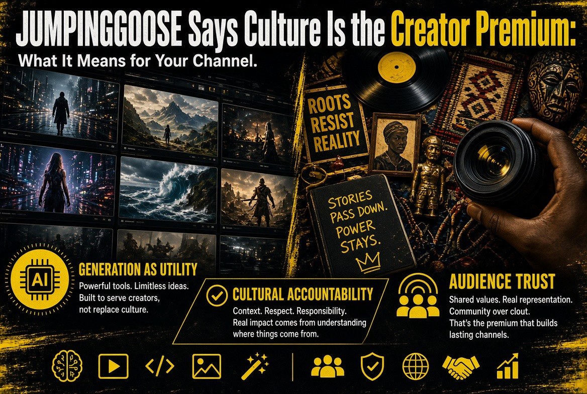 JUMPINGGOOSE Says Culture Is the Creator Premium: video thumbnails beside cultural artifacts, vinyl record, camera and handwritten notes