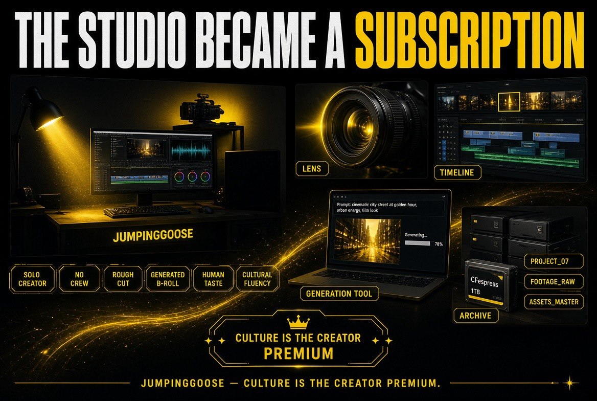The Studio Became a Subscription: JUMPINGGOOSE edit bay, cinema lens, timeline and generation tool